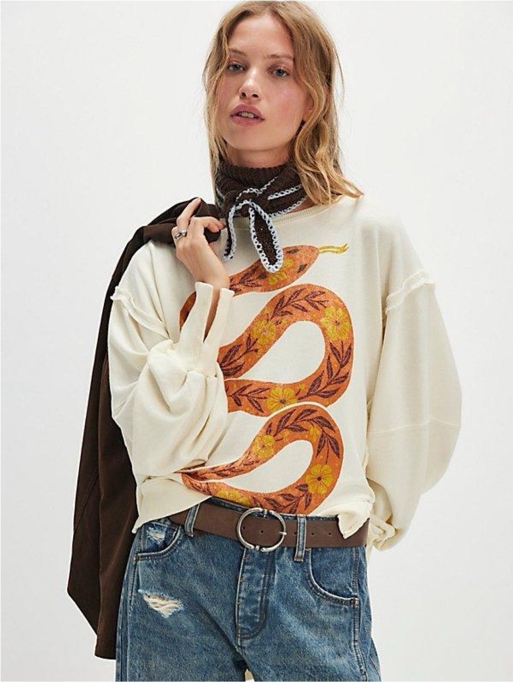 NWT Free People Camden Snake Pullover Sweatshirt Tofu Combo